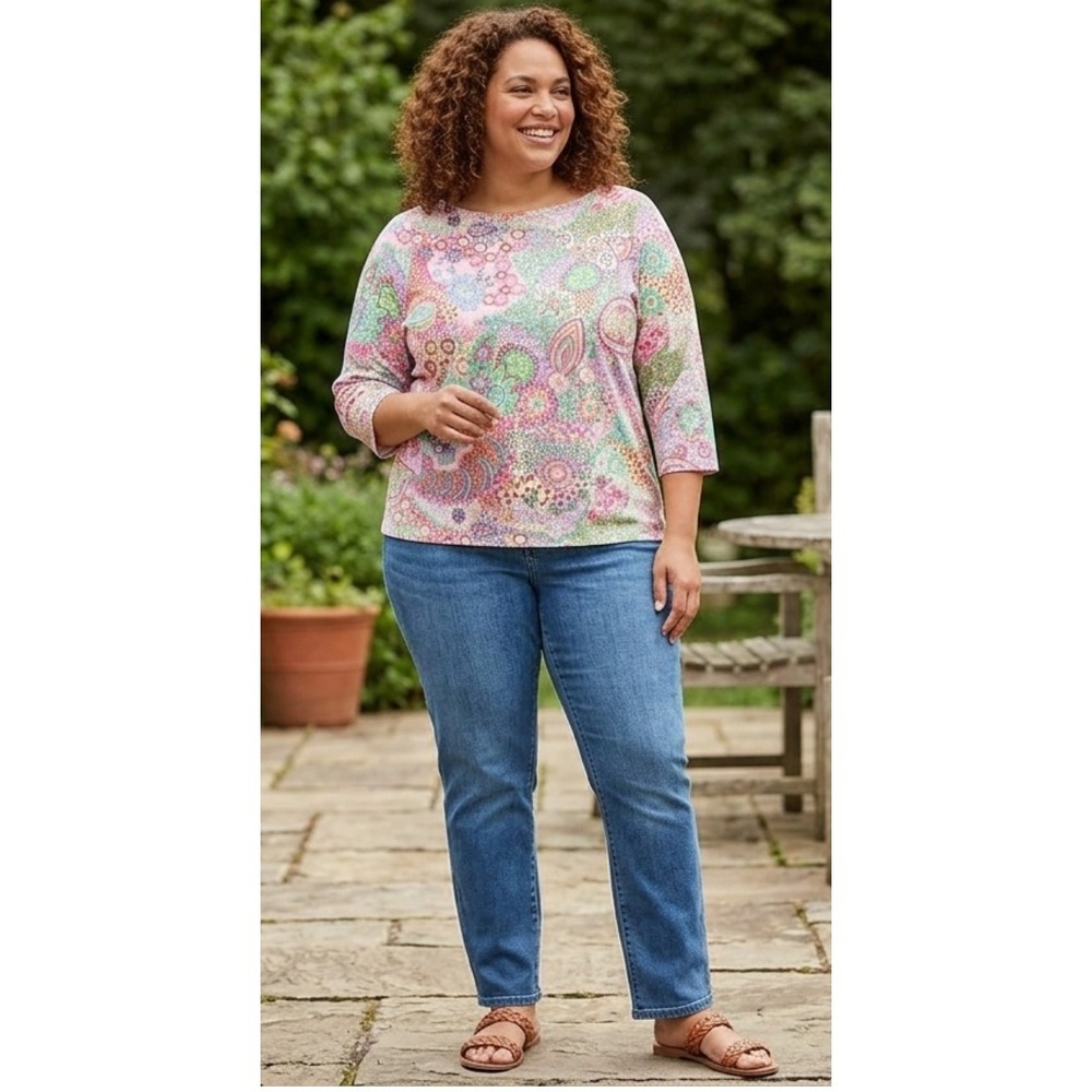 Talbots Tee 3X Paisley Floral Multi-Color 3/4 Sleeve Plus Size Boho Casual